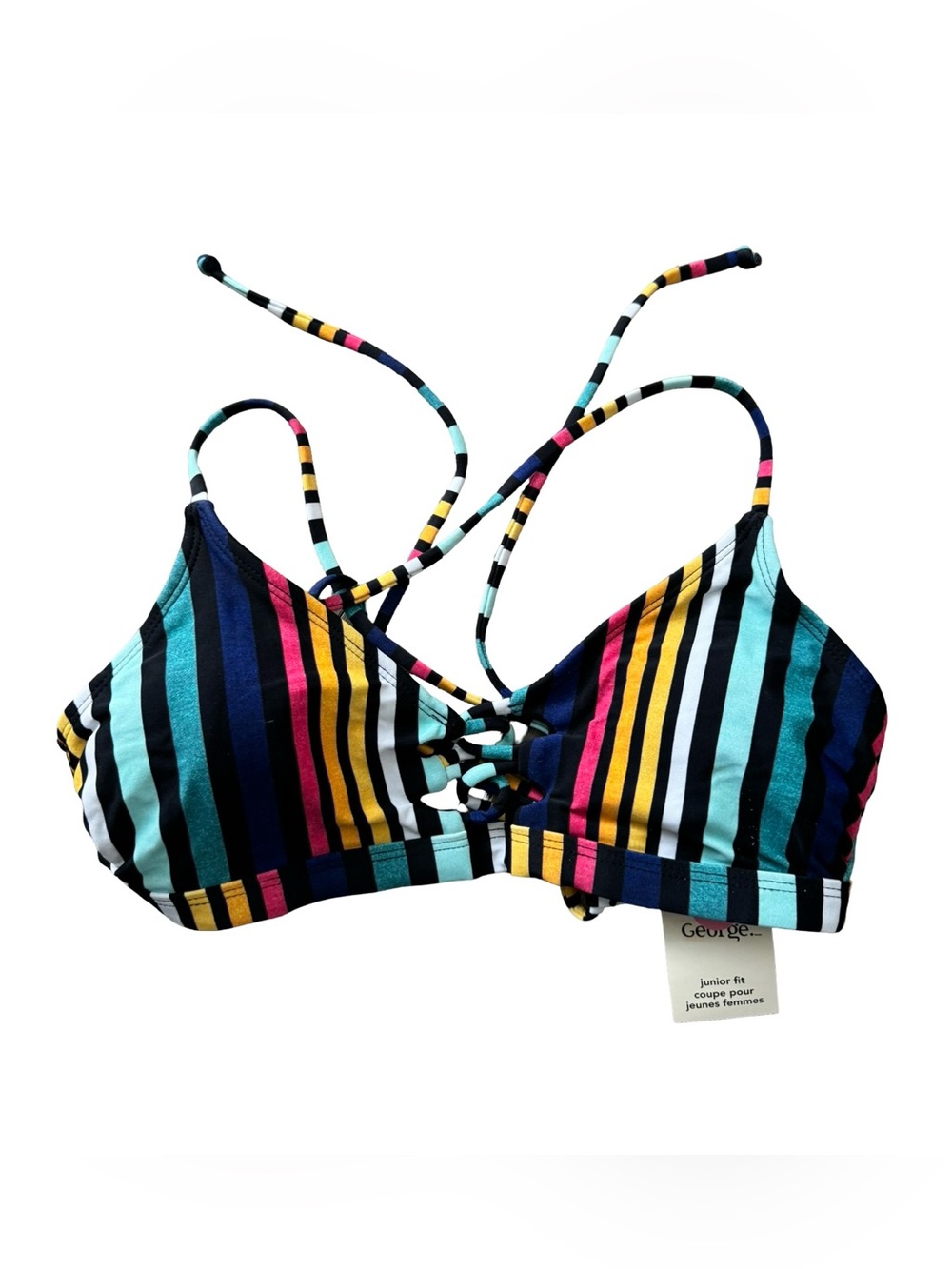 George Bikini Top M Multicolor Stripe Strappy Halter Swimwear Junior Fit NWT